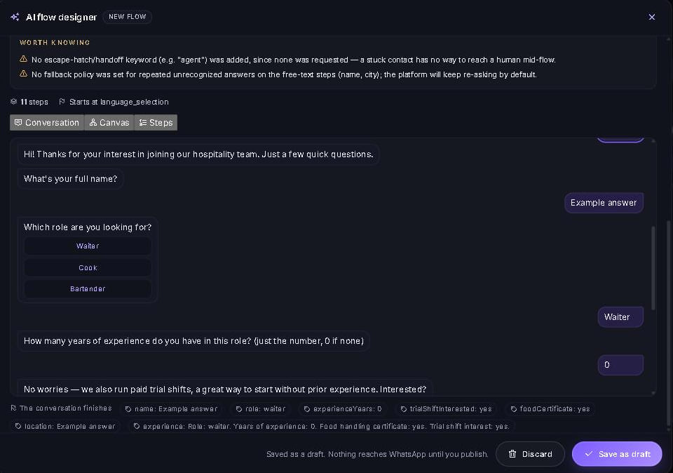 A sample conversation with the fields it would collect
