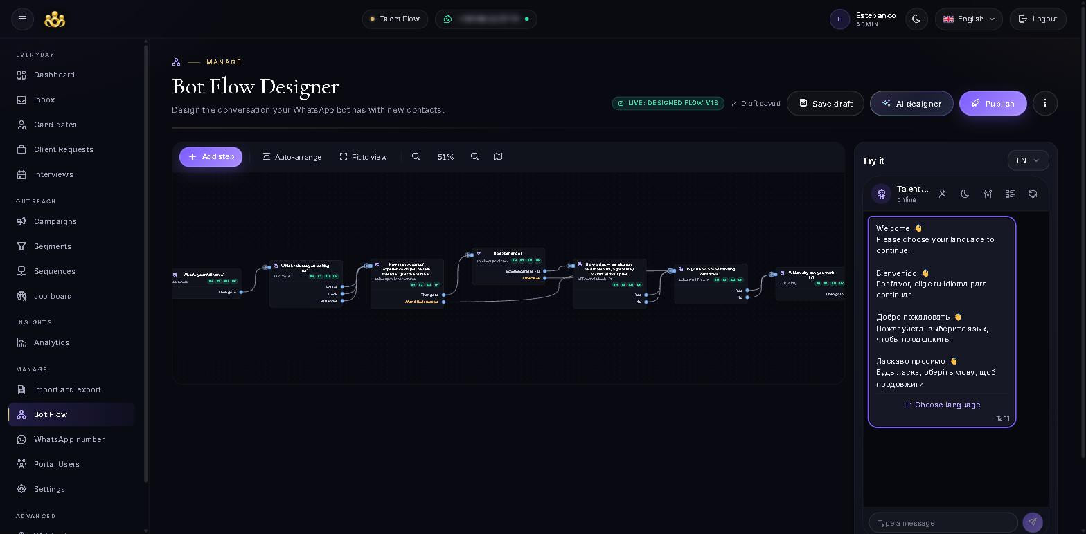 The designed conversation saved as a draft in the conversation builder