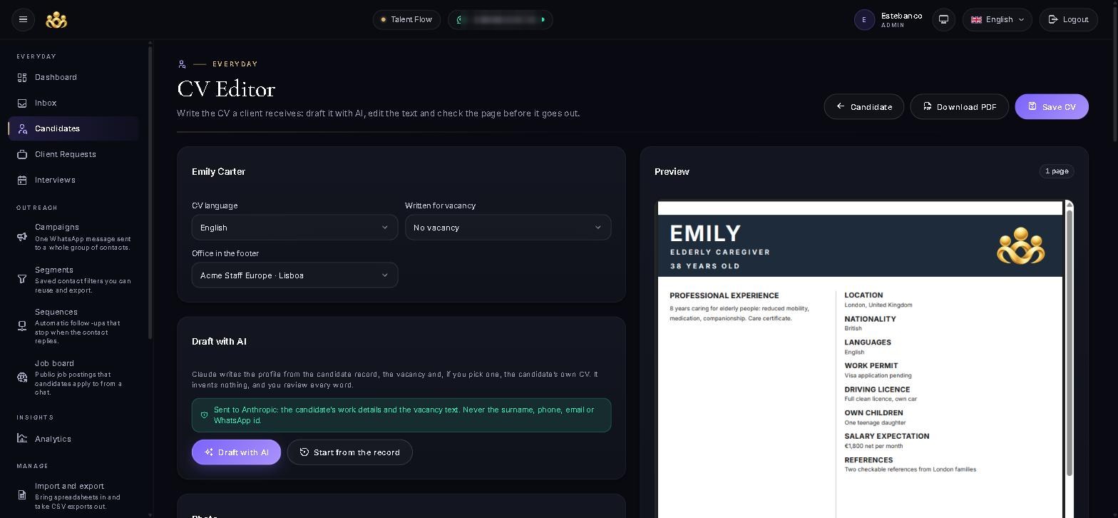 The Talent Flow branded CV editor